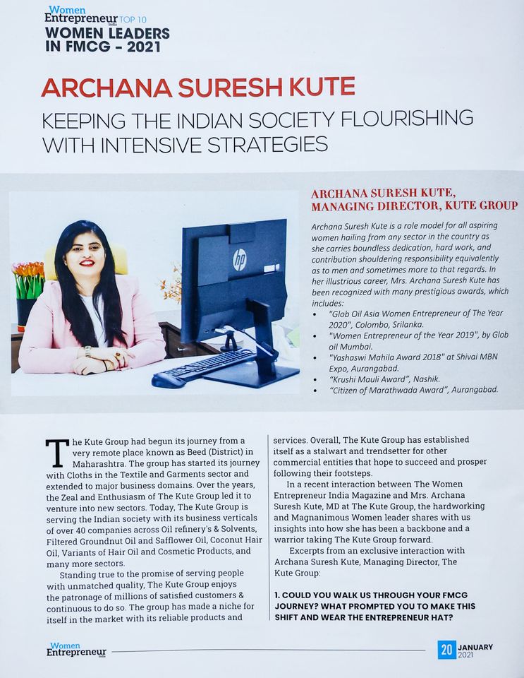 Mrs. Archana Suresh Kute (MD – The Kute Group) featured in the leading magazine “Women Entrepreneur India”