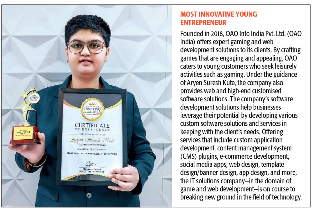 Master Aryen Suresh Kute (Founder and CMD- OAO INDIA) received the ‘Most Innovative Younger Entrepreneur’ Award