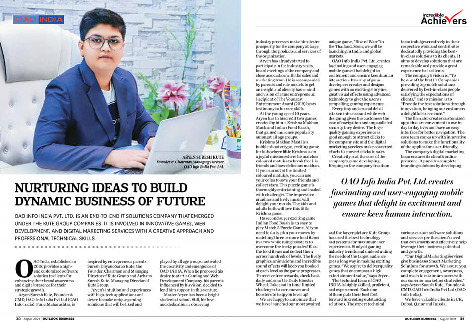 Master Aryen Kute (Founder and CMD- OAO INDIA) featured in the leading ‘Outlook Business’ Magazine